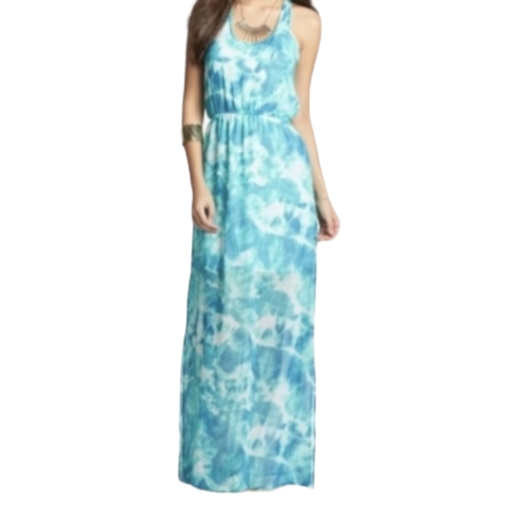 Dee Elle Womans Watercolor Racerback Aqua Flowy Maxi Dress Size 6-8